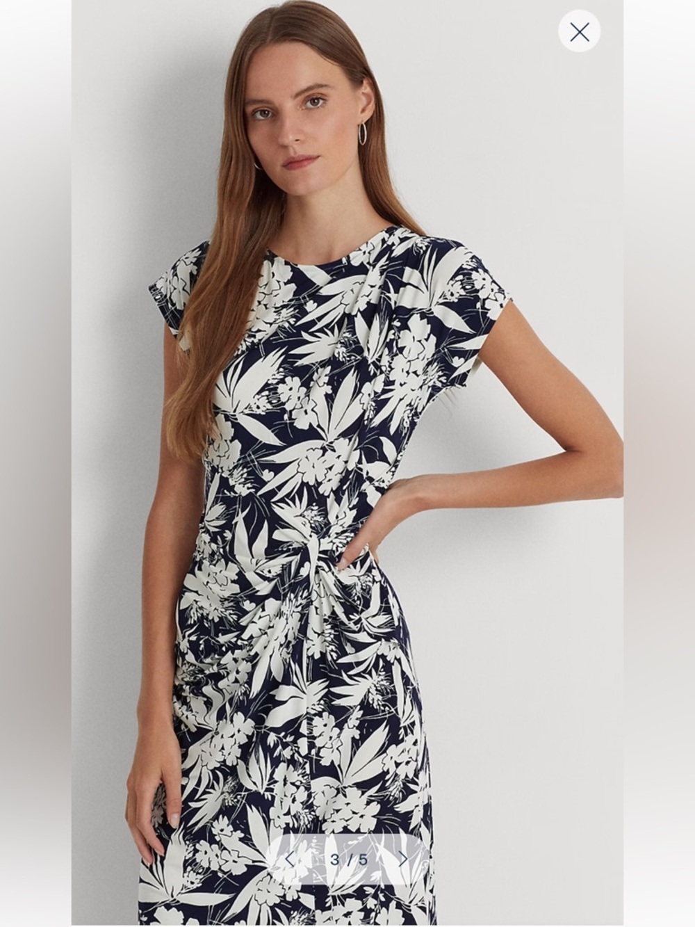 Lauren Ralph Lauren Navy White Floral Twist Jersey Midi Dress, Women’s Sz 4
